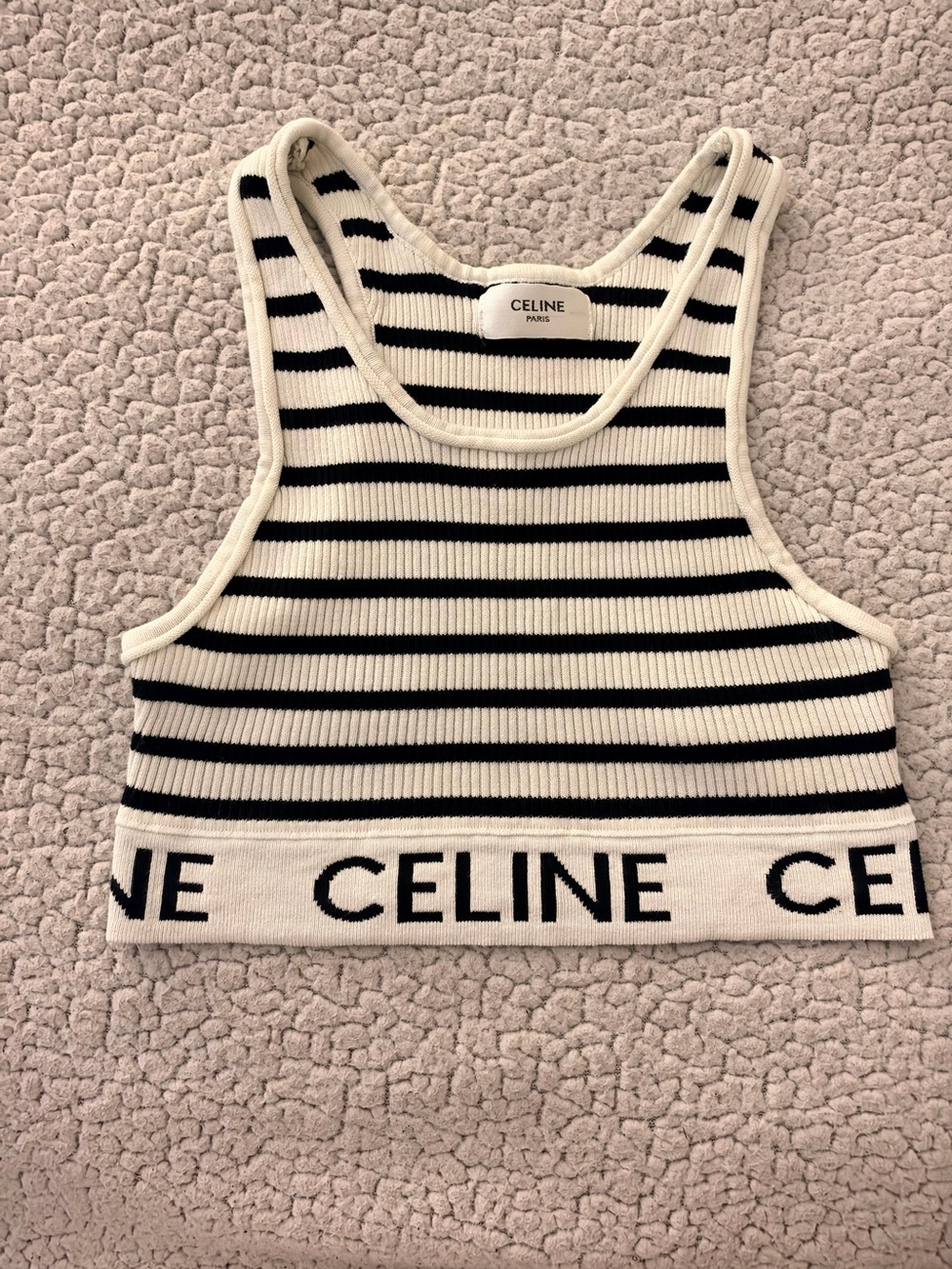 Celine Paris Striped Knit Logo Crop Tank Top – Black & Cream